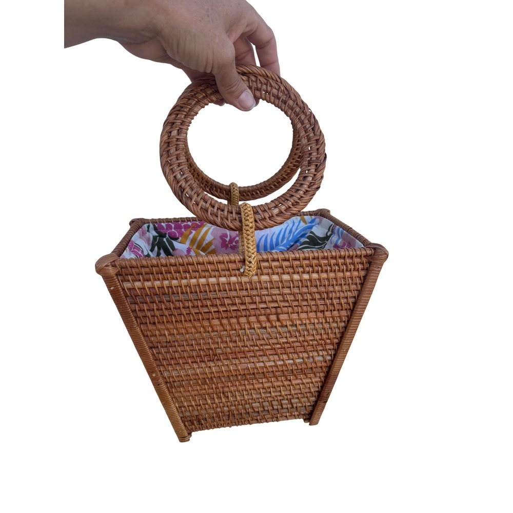 Vintage Rattan Wicker Handbag Square Top Handle Floral Lined Drawstring Boho